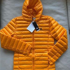 NWT Adidas Women's Varilite Ho Hooded Bright Orange Down Jacket Small